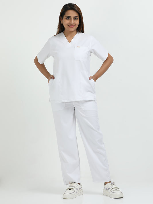 Women’s Snow White Medical Scrub Set – V-Neck Top & Straight Pants | 2-Way Stretch, Antibacterial & Easy-Care Fabric – Apollo