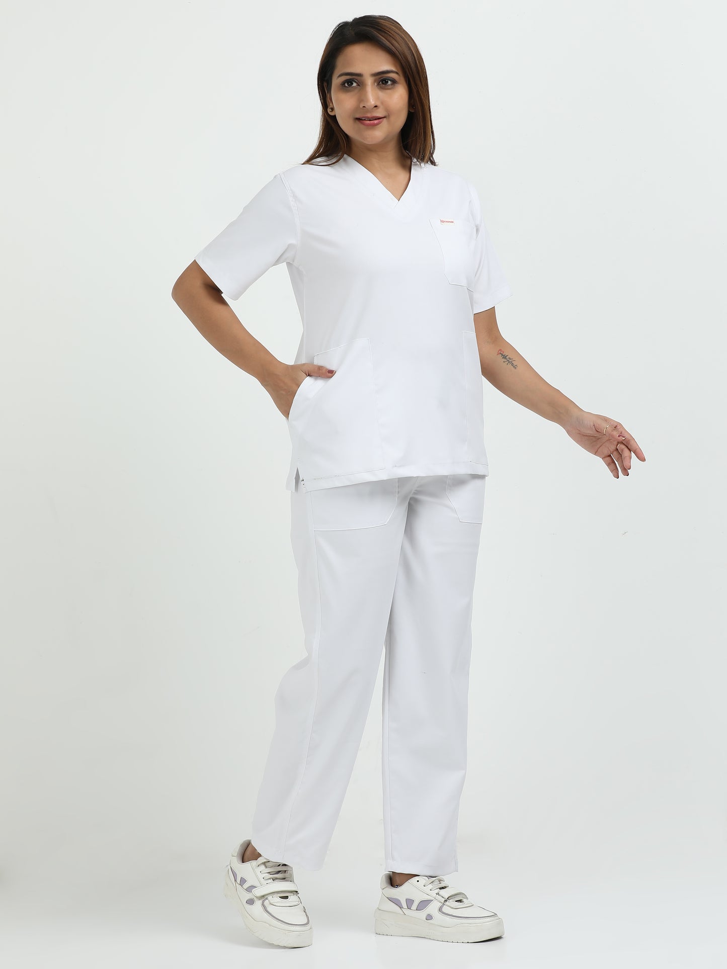 Women’s Snow White Medical Scrub Set – V-Neck Top & Straight Pants | 2-Way Stretch, Antibacterial & Easy-Care Fabric – Apollo