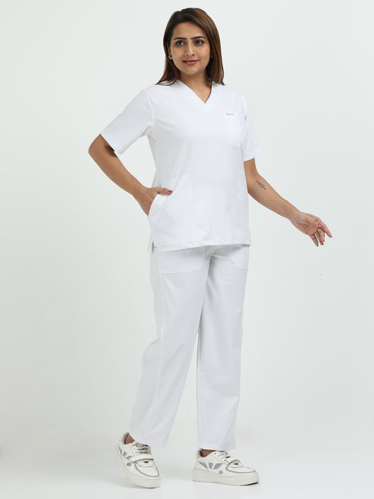 Women’s Snow White Medical Scrub Set – V-Neck Top & Straight Pants | 2-Way Stretch, Antibacterial & Easy-Care Fabric – Apollo
