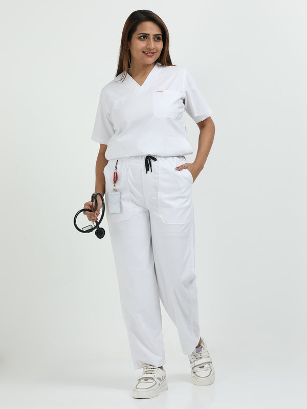 Women’s Snow White Medical Scrub Set – V-Neck Top & Straight Pants | 2-Way Stretch, Antibacterial & Easy-Care Fabric – Apollo